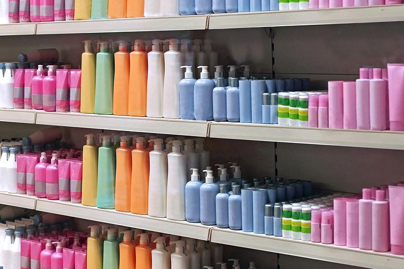 shelves of colorful personal care products